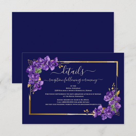 Navy Blue Violet Floral Gold Frame Classic Wedding エンクロージャーカード (正面/裏面)