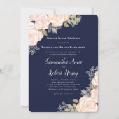 Navy Blue Watercolor Blush Floral Wedding  招待状 (正面)