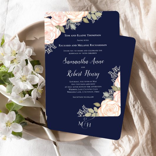 Navy Blue Watercolor Blush Floral Wedding  招待状