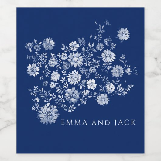 Navy Blue Watercolor Floral ワインラベル (シングルラベル)