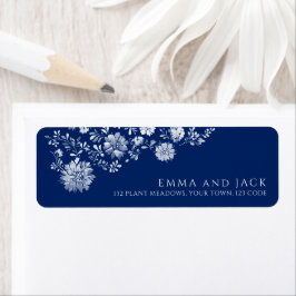 Navy Blue Watercolor Floral Return Address Label ラベル