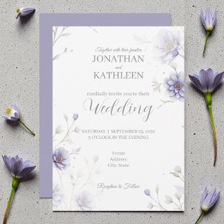Navy Blue Watercolor Floral Wedding Invitation 招待状