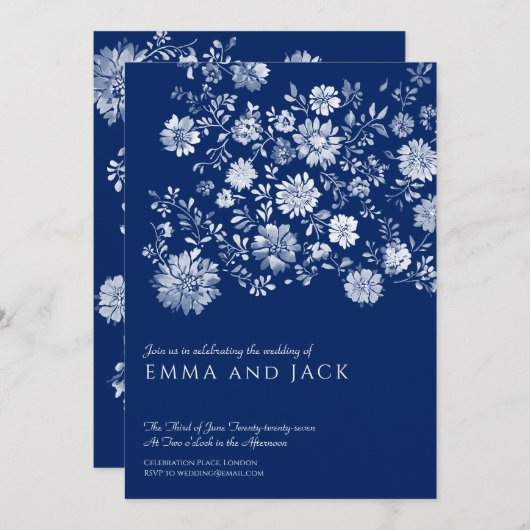 Navy Blue Watercolor Floral Wedding Invitation 招待状 (正面/裏面)