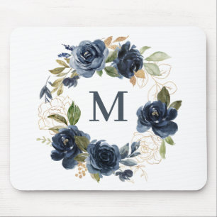 Navy Blue Watercolor Roses Floral Wreath Monogram マウスパッド