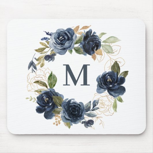 Navy Blue Watercolor Roses Floral Wreath Monogram マウスパッド (正面)