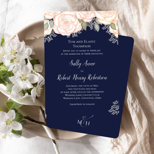 Navy Blue Watercolor Wedding Blush Floral 招待状