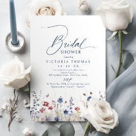 Navy Blue Watercolor Wildflower Bridal Shower 招待状
