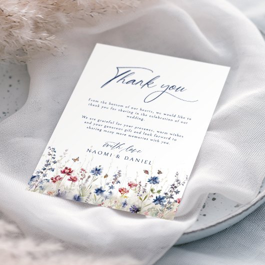 Navy Blue Watercolor Wildflower Field Wedding サンキューカード