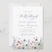 Navy Blue Watercolor Wildflower Field Wedding 招待状 (正面)