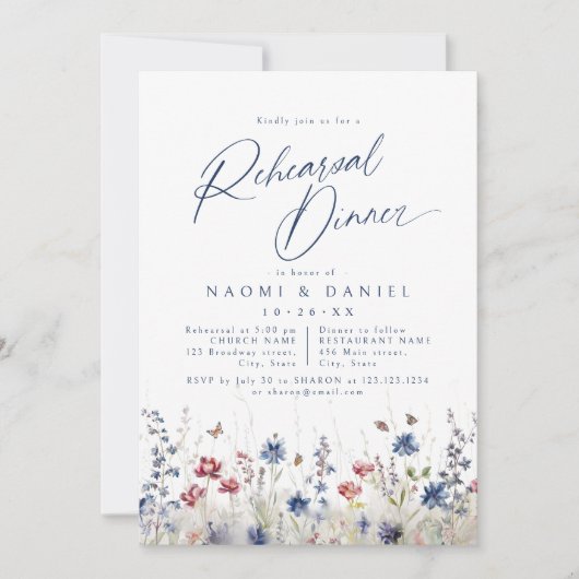 Navy Blue Watercolor Wildflower Rehearsal Dinner 招待状 (正面)