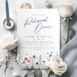 Navy Blue Watercolor Wildflower Rehearsal Dinner 招待状