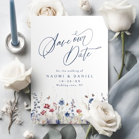 Navy Blue Watercolor Wildflower Rustic Wedding セーブザデート
