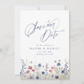 Navy Blue Watercolor Wildflower Rustic Wedding セーブザデート (正面)