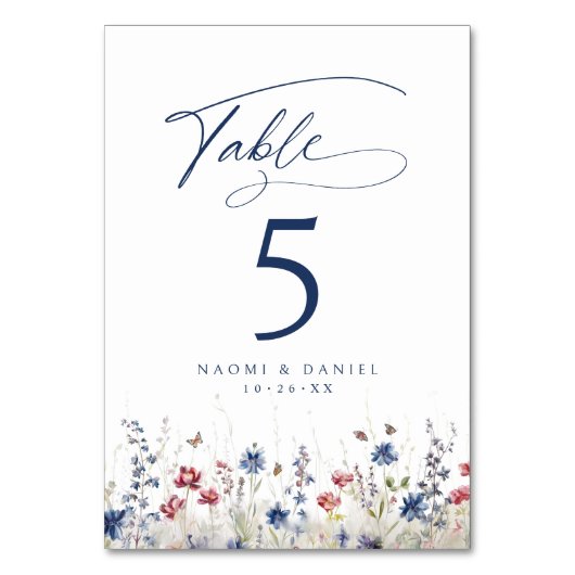 Navy Blue Watercolor Wildflower Rustic Wedding テーブルナンバー (正面)