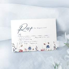 Navy Blue Watercolor Wildflower Rustic Wedding 出欠カード