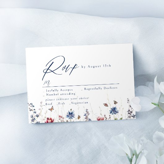 Navy Blue Watercolor Wildflower Rustic Wedding 出欠カード