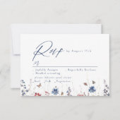 Navy Blue Watercolor Wildflower Rustic Wedding 出欠カード (正面)