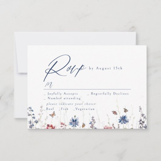 Navy Blue Watercolor Wildflower Rustic Wedding 出欠カード (正面)