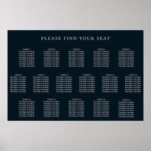 Navy Blue Wedding 16 Table Seating Chart ポスター (正面)