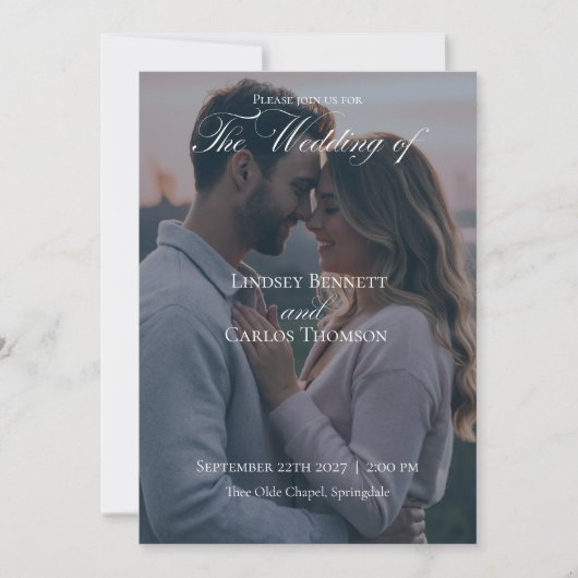 Navy Blue Wedding Invitation with Details QR-code 招待状 (正面)