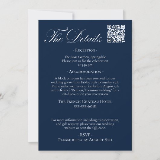 Navy Blue Wedding Invitation with Details QR-code 招待状 (裏面)