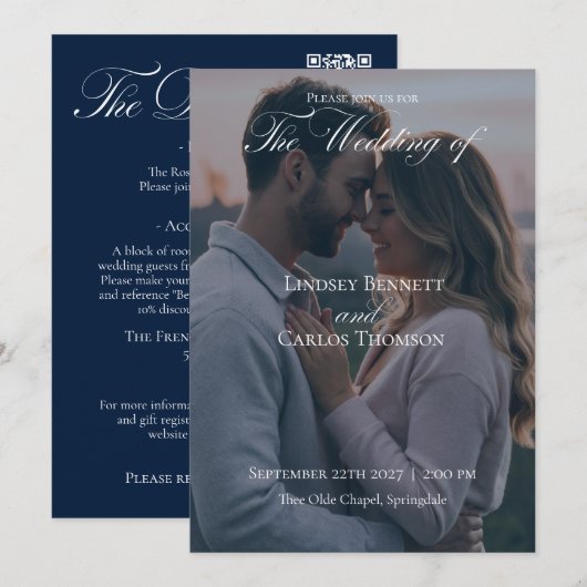 Navy Blue Wedding Invitation with Details QR-code 招待状 (正面/裏面)