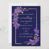 Navy Blue Wedding Purple Violets Gold Frame 招待状 (正面)