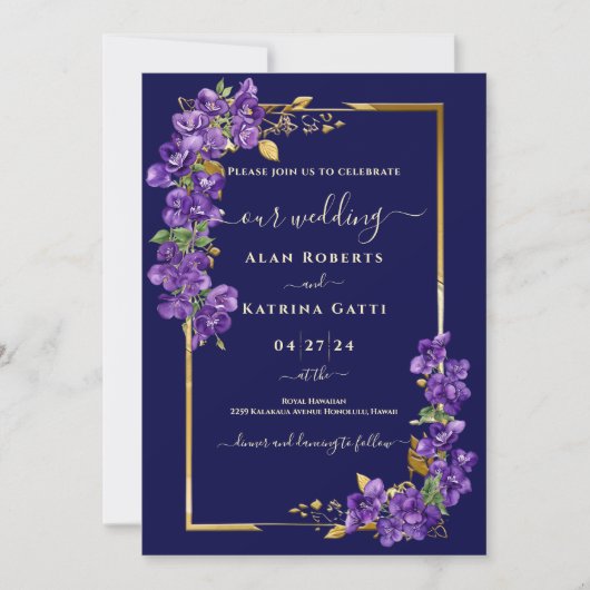 Navy Blue Wedding Purple Violets Gold Frame 招待状 (正面)