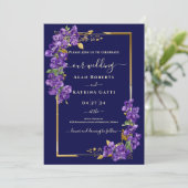 Navy Blue Wedding Purple Violets Gold Frame 招待状 (スタンド正面)