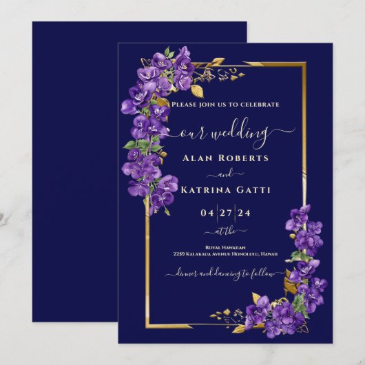 Navy Blue Wedding Purple Violets Gold Frame 招待状 (正面/裏面)