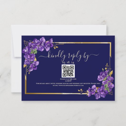 Navy Blue Wedding RSVP Violets Gold Frame (正面)