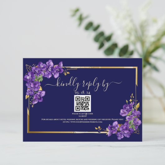 Navy Blue Wedding RSVP Violets Gold Frame (スタンド正面)