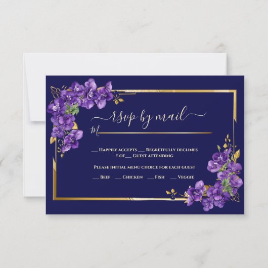 Navy Blue Wedding RSVP Violets Gold Frame (裏面)