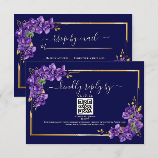 Navy Blue Wedding RSVP Violets Gold Frame (正面/裏面)
