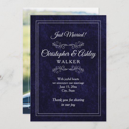 Navy Blue White 2 Sided Photo Wedding Announcement (正面/裏面)