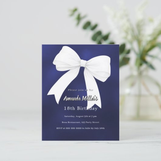 Navy blue white bow Birthday invitation (スタンド正面)