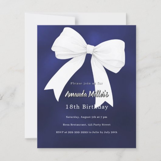 Navy blue white bow Birthday invitation (正面)