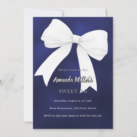 Navy blue white bow Sweet 16 招待状 (正面)