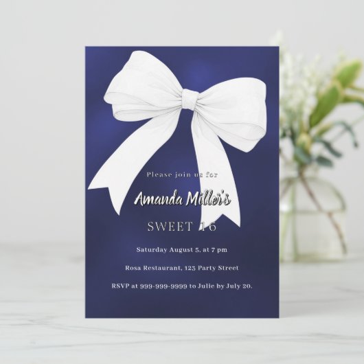 Navy blue white bow Sweet 16 招待状 (スタンド正面)