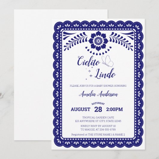 Navy Blue & White Cielito Lindo Talave Baby Shower 招待状 (正面/裏面)