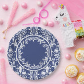Navy Blue White Damask Floral Swirls Sophisticated ペーパープレート (パーティー)