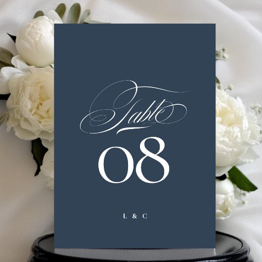 Navy Blue White Elegant Wedding 5 x 7 Table Number 招待状