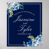 Navy Blue White Floral Elegant Welcome Wedding ポスター (正面)