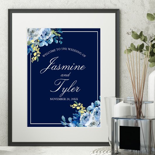 Navy Blue White Floral Elegant Welcome Wedding ポスター