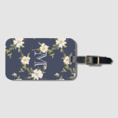 Navy Blue White Floral Monogram ラゲッジタグ (正面横)