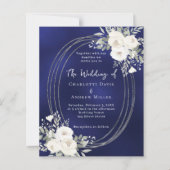 Navy blue white florals wedding QR RSVP invitation (正面)