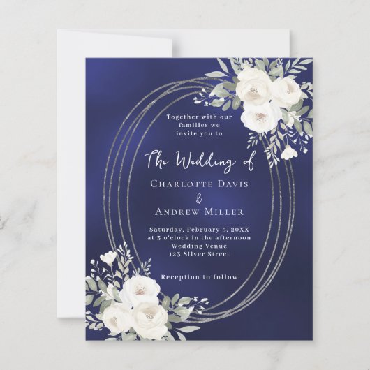 Navy blue white florals wedding QR RSVP invitation (正面)