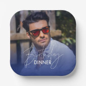 Navy Blue White Gradient Photo Birthday Dinner ペーパープレート (正面)