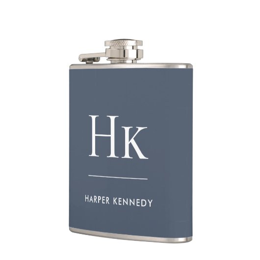 Navy Blue White Monogram Elegant Personalized  フラスク (左)