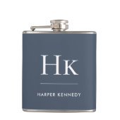 Navy Blue White Monogram Elegant Personalized  フラスク (正面)